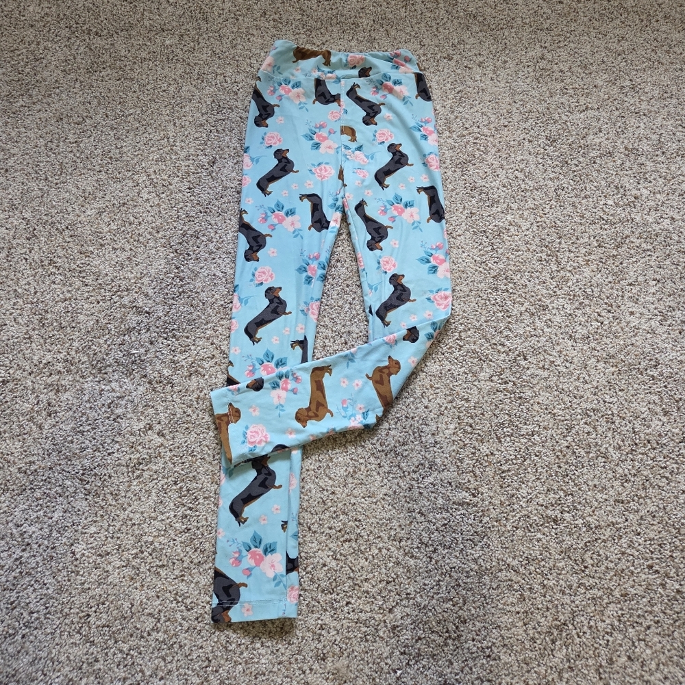 Kids LuLaRoe L/XL Leggings Daschaund Dog Blue Floral